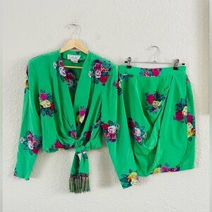 Vintage Green Silk Floral Skirt Set